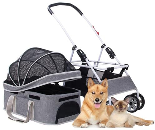 Katzen-/Hundewagen, zusammenklappbarer Kinderwagen für Reisen mit Haustieren, Hundebuggys für mittelgroße Hunde, Abnehmbarer Haustierbuggy, Hundewagen, Katzenbuggy, Hundekinderwagen (Grau A)