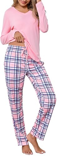 Litherday Pijama Mujer Invierno Algodón Suave Conjunto Manga Larga Cuello en V Pantalón Cuadros con Bolsillos y Cordón Cómodo Talla Grande, Cuero Rosa,S