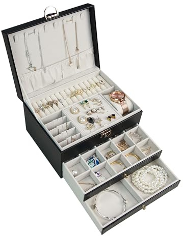 XMHome Schmuckkästchen 3 Ebenen Schmuckschatulle mit Schubladen & diamantförmiger Steppnaht,Schmuckbox mit Samtfutter,elegante Schmuckaufbewahrung Schmuck Organizer Geschenk für Frauen Schwarz