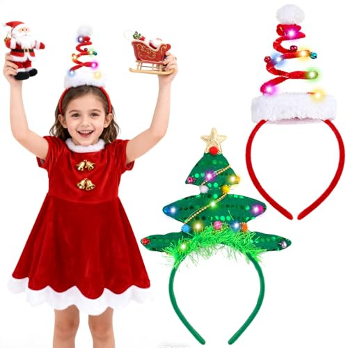 PlsMupn 2 Piezas Diadema Navidad con LED, Niademas Navideñas para Niños y Adultos, Adornos Navideños de Diademas, Regalos de Navi-dad y Fiestas para Niños