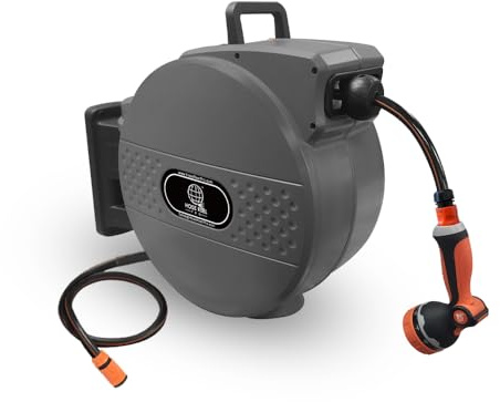 Retractable Garden Hose Reel, 30m Wall-Mounted Garden Hose with Automatic Rewind, 10-Function Spray Nozzle, 150° Swivel Bracket, Heavy-Duty Leak-Proof Design, Black (Grey)