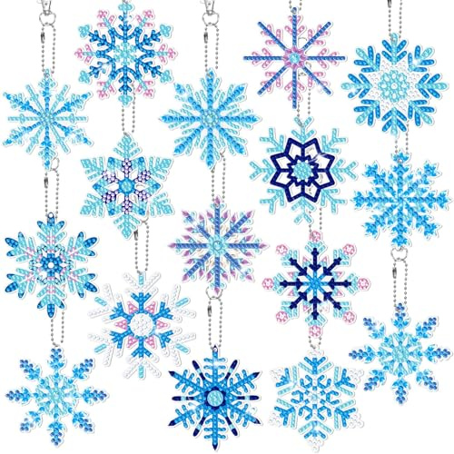 AUGSUN Diamond Painting Schlüsselanhänger, 16 Stück Schneeflocken Diamond Painting Anhänger DIY Diamant Painting Schneeflocken für Weihnachten Winter Deko