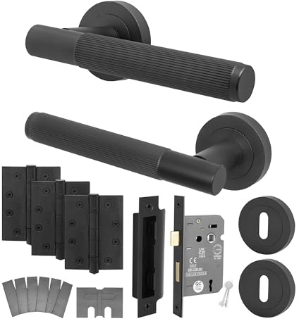EAI Matt Black Door Handles Fire Rated with Sash Lock 80mm, Hinges - Oruro