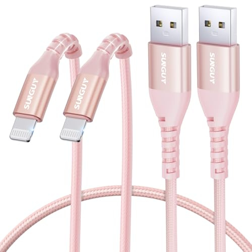 SUNGUY Ladekabel iPhone, 2Stück 0.5m [MFi-Zertifiziert] USB auf Light-ning Kabel Nylon Kompatibel mit Carplay iPhone 14/13/12/11 Pro Max Mini Xs 8 7 6 5 Plus, iPad Air/Mini-Rosa