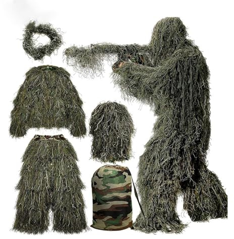Generisch 3D Ghillie Tarnanzug Suit, 5 in 1 Ghillie Anzug Jagd Wald Woodland Camouflage Waldjagd Anzug Camo für Jagd Allerheiligen Outdoor Training Paintball Forest Fotografie Taktischer Ghillie Suit