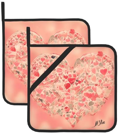 Set di presine da 2 pezzi con fiori a forma di cuore rosso, divertente set di presine e guanto da forno per cucinare, grigliare e cuocere al forno