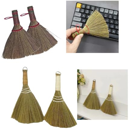Juego de 4 cepillos de escoba mini hechos a mano con hierba de trigo natural, tamaño pequeño, cepillo suave hecho a mano para oficina, mesa, teclado, zócalo, objetos decorativos