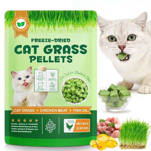 JSBNQRMZ Snacks de Hierba para Gatos 80g con Pollo y Aceite de Pescado - Liofilizados para la Eliminación de Bolas de Pelo y Cuidado Dental - Alto en Proteínas,Sin Cereales, Omega-3