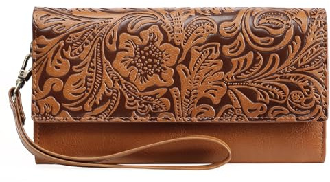 GOIACII Portefeuille en cuir pour femmes avec blocage RFID de grande taille, motif floral en relief rétro, portefeuille à plusieurs fentes pour cartes avec poignée, L, Rétro