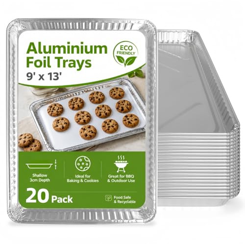 20 Pack Reusable Aluminium Foil Trays 32x21x3cm - Heavy Duty Tin Foil Baking Trays for Oven Roasting, BBQ, Catering & Meal Prep - Recyclable Food Storage Containers, Freezer Safe Without Lids (20)