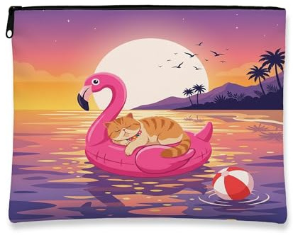 Funny Short-haired Cats Makeup Bag, Flamingos Lifebuoys Sea Cosmetic Travel Pouch for Women Girls, Pet Portable Small Canvas Zipper Organizer 7x9 Inch