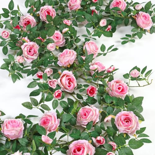 2PCS 12FT Artificial Flower Garland Pink Fake Rose Vine Hanging Flowers Ivy