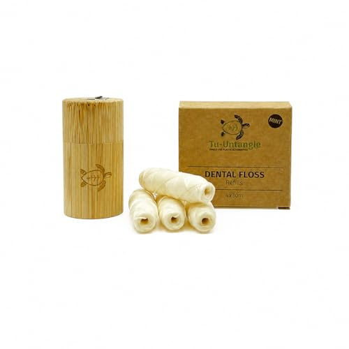 Tu-Untangle Set Filo Interdentale Naturale 150 m Menta con Dispenser Bambù | Fresco gusto menta, uso scorrevole, pulizia quotidiana efficace, delicato sulle gengive, ricaricabile