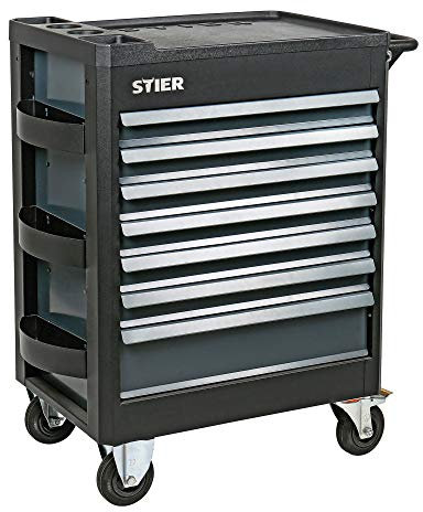 STIER Werkstattwagen Premium, leer und unbestückt, mit Kunststoffabdeckung, Schubladen mit Soft Close Funktion, 6 Hängefächer, Gummi-Rollen mit Bremsen, Zentralverriegelung, Montagewagen, max. 500kg