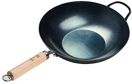 臻三环 ZhenSanHuan: Handgehämmerter Eisen-Wok mit flachem Boden, induktionsgeeignet, 34 cm im Durchmesser, Holzgriffstange mit Haltegriff