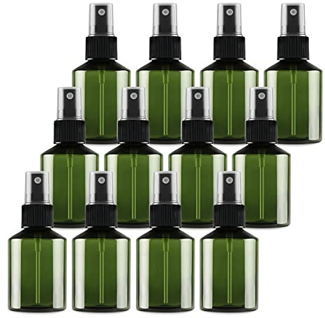 TIANZD 12 Pieces Empty 100 ml Green PET Plastic Fine Mist Pump Spray Bottles with Black Sprayer for Cosmetic Perfume Water Travel Portable Containers Refillable, 2x Funnel