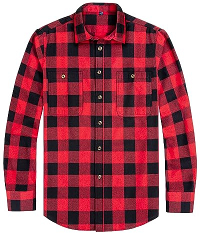 J.VER Men's Flannel Shirt Red Black Long Sleeve Cotton Checked Shirts Button Down Lumberjack Regular Fit Winter Warm Thick Plaid Shirt with Pockets L