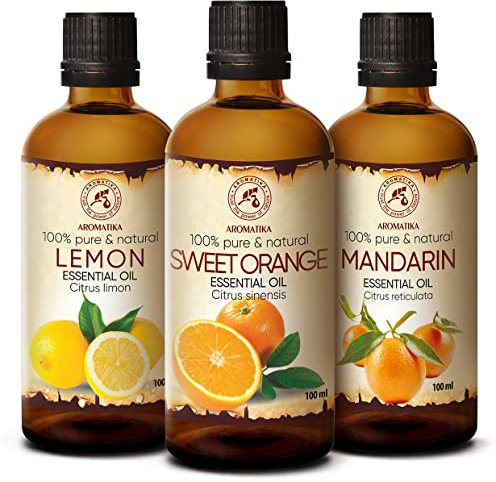 Ätherische Öle Set 3x100 ml - Zitronenöl - Orangenöl - Mandarinenöl - Aromatherapie - Reine Zitrusöle für Diffusers und Duftlampen - Öle für Seifenherstellung - Öle für Kerzen - Raumduft