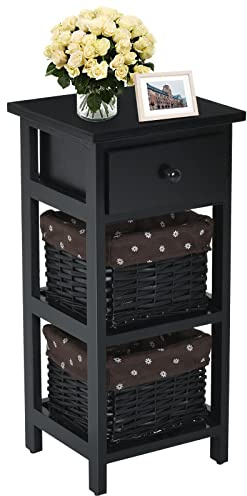 GIANTEX Nachttisch Nachtschrank, Nachtkommode mit Schublade & 2 Körben, Korbkommode Antik, Nachtkonsole Korbregal Massivholz, Beistellschrank Beistelltisch für Schlafzimmer (Schwarz)