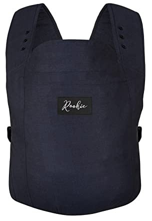 ROOKIE Babytrage Premium - Design Bauchtrage bequem und ergonomisch - Für Neugeborene ab Geburt bis 15kg - Baby Trage aus Bio Baumwolle (Dark Blue)