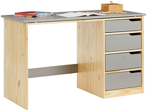 IDIMEX Kinderschreibtisch Emma aus Kiefer Massivholz, Natur/grau - Schreibtisch mit neigungsverstellbarer Tischplatte, schöner Jugendschreibtisch mit 4 Schubladen
