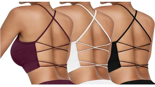 Vertvie Dam sport-BH vadderad crossback yoga sport bh, spagettiband, korsad ribbad bustier utan bygel, ventilerande bh med avtagbara kupor, 3 st: svart + vit + vinröd, M