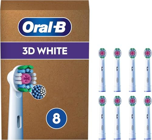 Oral-B 3D White Testine Spazzolino Elettrico, Confezione da 8 Testine di Ricambio per Spazzolino Elettrico Oral B, Sbiancanti, Con Esclusiva Coppetta Lucidante per Rimuovere le Macchie Superficiali