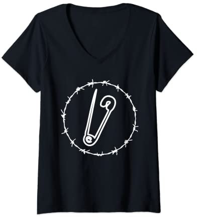 Damen Alternative, modische Punk-Sicherheitsnadel mit Stacheldraht T-Shirt mit V-Ausschnitt