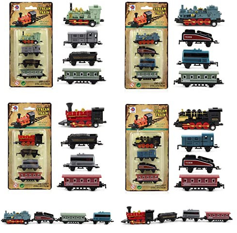 Bekecidi 4 Sets Mini Simulated Retro Steam Train, 16 Pcs Children's Pull back Car, Child Toy Gift Set Train Model Toy Decoration for Boys and Girls