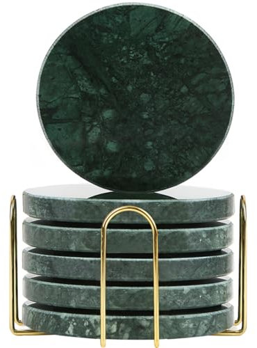 TransMarble Marmor-Untersetzer-Set für Getränke, mit Metallständer für High-End-Lifestyle, rund, Smaragdgrün, 6 Stück