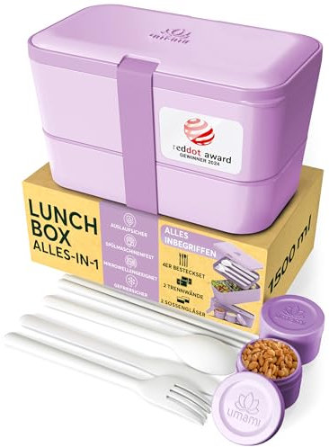 Umami Bento Lunch Box, Couverts & 2 Pots à Sauce Inclus, Boîte Repas Encastrable, Lunchbox Micro-Ondable, Boîte à Lunch Adulte Compartimentée, Bento Box, Violet Lavande, 1500 ml