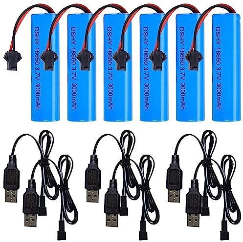 6 PCS Batterie Agli Ioni di Litio da 3,7 V 3000 mAh, 18650 Batterie 3.7v Rechargeable, Batteria di Ricambio con Caricabatterie USB Spina SM-2P per veicoli RC Auto, Bateau, Navire, Robot