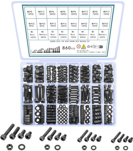 QOOSIKICC 860pcs M3 M4 M5 M6 Metric Screw Assortment KIt,Hex Socket Head Cap Screws Nuts and Bolts and Washers, Black Metric Machine Screws Nuts Bolts and Washers Assortment Set, Carbon Steel
