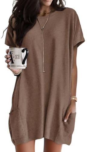 Dokotoo Summer Dresses for Women 2026 Casual Short Sleeve Crewneck Tshirt Dress Loose Fitting Long Tops Mini Tunic Shift Short Dress Athletic Plus Size Brown Dresses XXL