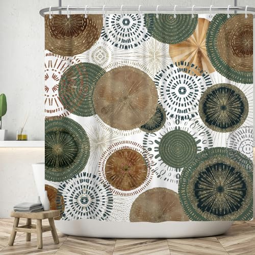 ASDCXZ Duschvorhang 180x200 cm, Modern Boho Grün Braun Gold Kreis Muster Weiß Bad Waschbar Duschvorhänge Polyester Textil Wasserdicht Badevorhang für Badewanne mit 12 Haken