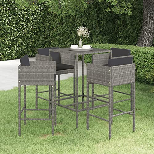 Tidyard 5-TLG.Gartenbar-Set Garten Bar Set Sitzgruppe Rattan Bar Tresen Theke Tisch Barset Garten Tisch Outdoor Gartenmöbel Set mit Kissen Poly Rattan Grau-3070