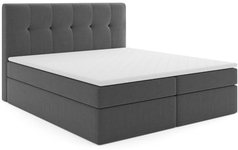 MRGROUP Boxspringbett mit Bettkasten PATRYCJA 160 x 200 cm geflechtes Stoff Polsterbett mit Bonell-Matratze und Topper Doppelbett mit Stauraum Bett für Schlafzimmer Gepolstertes Kopfteil H3 dunkelgrau