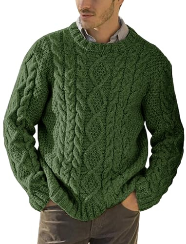 Runcati Jersey de punto para hombre de punto grueso con diseño trenzado, suéter de otoño e invierno, cuello redondo, suéter, verde oliva, L
