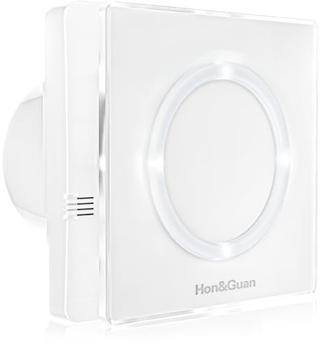 Hon&Guan Ventilatore da bagno da 100 mm, 95 m³/h, con luce LED, Sensore di Umidità, Timer, 10 W, per Montaggio a Parete, per Bagno, Ventilatore, Copertura in Vetro, Silenziosa, Bianco