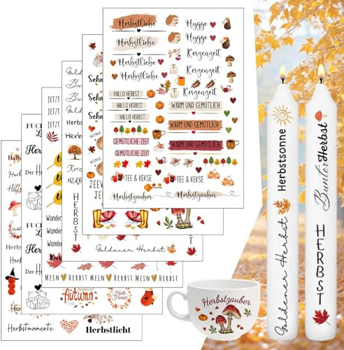 6 Stück Kerzentattoos, Herbst kerzenaufkleber, Kerzensticker mit Herbstmotiven, wasserschiebefolie kerzen, Kerzen Dekorieren, Dekoration Selber Machen, DIY Geschenk