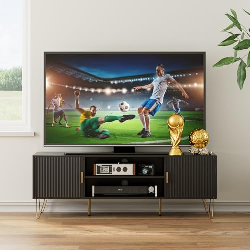 HEYZOEY Black Wood TV Stand for up to 65 Inch TV, 137cm TV Unit with 2 Cabinets and Open Shelves, Modern TV Console Table for Living Room,53.9 x 15.0 x 18.9 inches