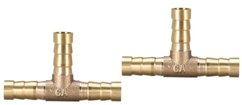 TOP-VIGOR 2Pcs 8mm Brass Barb Splicer Fitting, 3 Ways T-Shaped Fuel Hose Barbed Connector, Garden Tube Barbed Splitter Fitting for Water Fuel Gas Air Oil