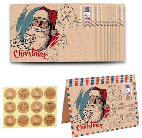 36 Stück Weihnachts Briefpapier mit Umschlag Set 12 Vintage Kraftpapier Umschläge 12 WeihnachtsgrüßE Karten 12 Vintage Seal Stickers Handgefertigte Geschenke zum Schreiben von Geburtstag Weihnachten