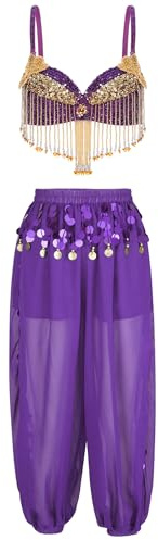 ranrann Traje de Danza del Vientre para Mujer Top Corto Sujetador y Pantalones de Lentejuelas Brillantes de Princesa Árabe Disfraz de Bailarina India Morado M
