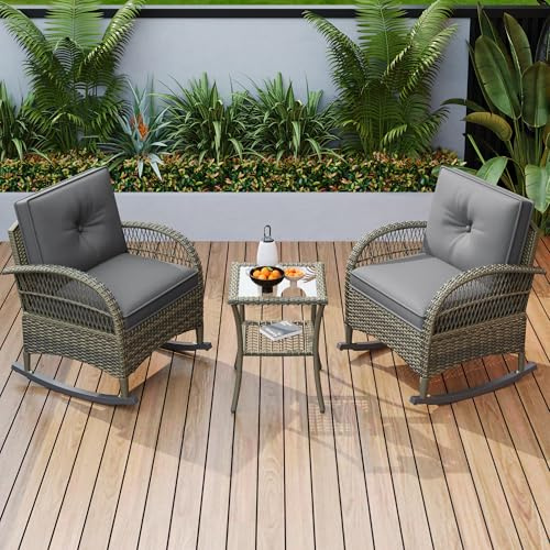 LAKFEW Rattan Gartenmöbel Set 2 Stühle, Outdoor Lounge mit Sitzkissen und Tisch, Loungemöbel Schaukelstuhl Terrassenmöbel, Polyrattan Balkon Möbel Set für Kleinen Balkon Garten