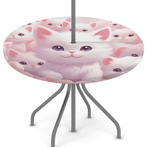 Woltant Tovaglia rotonda con foro per ombrellone e cerniera, facile da pulire, con bordi elastici, protezione per tavolo da giardino, patio, barbecue (simpatici gatti bianchi)