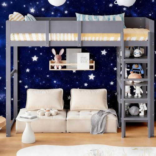 Ball & Cast Loft Bed (90x200cm) mit Lagerregal, Holzerner Bettgestell mit Leiter und Geländer, Einfach und Zeitsparend Montierbar, Stabil & Rauschlos, Grau