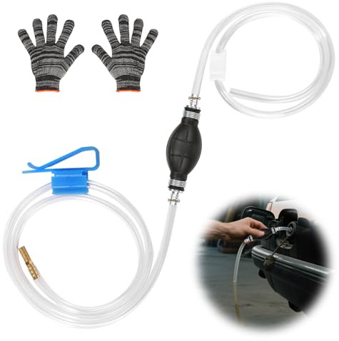 KUHAWL Benzinpumpe Siphonpumpe, 8mm Umfüllpumpe mit 2m Schlauch mit Schlauchklemme, Manuelle Handpumpe Universal Tragbare Handpumpe für Gas Öl Benzin Diesel Kraftstoffe Flüssigkeit Wasser