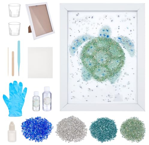 WEBEEDY DIY Sea Glass Art Kit Resin Sea Glass Turtle Photo Frame DIY Ocean Animals Resin Art Kit with Instruction for Adults Beginners Home Office Wall Decor Beach Lovers Craft Project(15x20 cm)