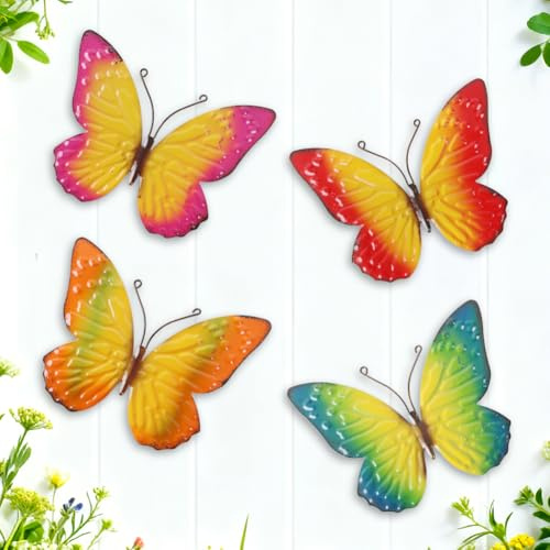 dreamskip Metal Butterfly Wall Decor Art, 4 Pack Colorful Metal Butterflies, Hand Painted for Garden, Yard, Fence, Patio, Living Room, Bedroom Decoration